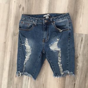 Distressed denim shorts